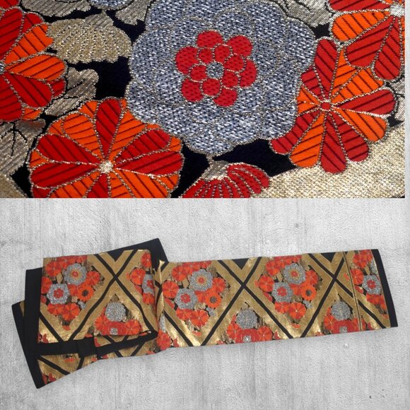 Japanese Obi Sash Kimono Belt Metallic Embroidered Flowers - Picture 10 of 10
